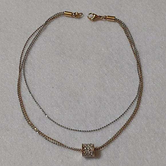 Silver & Gold Plated Anklet w/Cubic Zirconia Cylinder Pendant - Picture 2 of 6